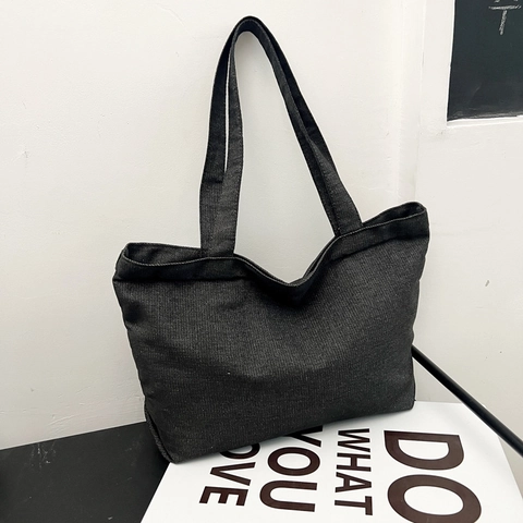 Large Capacity Tote Bag Women Denim Canvas Handbag Zipper Closure Minimalist Retro Style Shoulder Bag For Daily Work