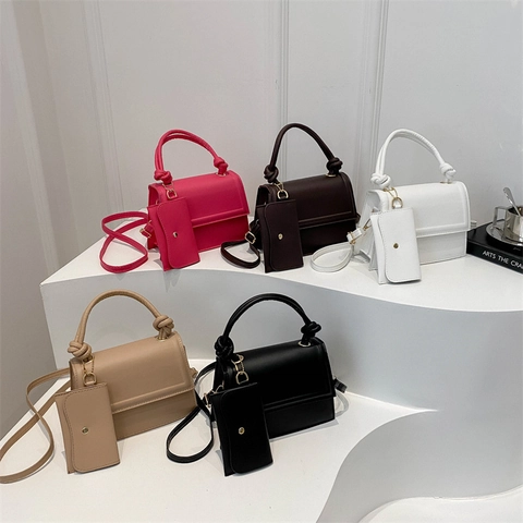 Women PU Leather Crossbody Bag Fashion Knot Handle Small Square Handbag With Mini Pouch Minimalist Style