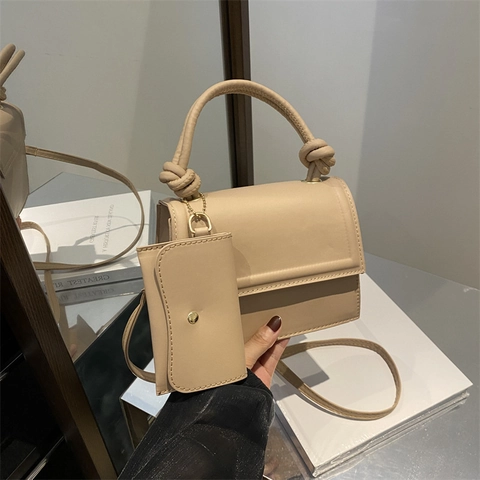 Women PU Leather Crossbody Bag Fashion Knot Handle Small Square Handbag With Mini Pouch Minimalist Style