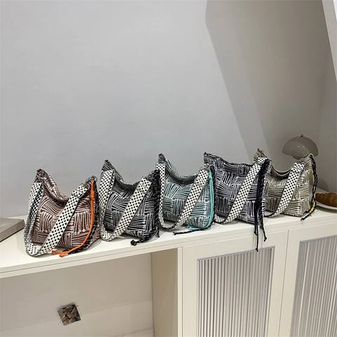 Abstract Geometric Print Canvas Hobo Bag Wide Checkered Strap Tassel Casual Commuter Women Shoulder Bag