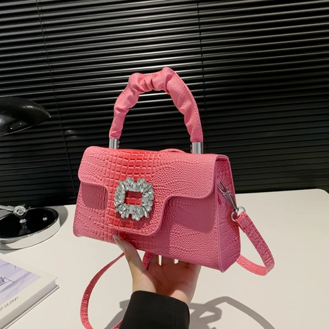 Women Crocodile Pattern PU Leather Crossbody Bag With Rhinestone Buckle And Ruched Handle Small Square Shoulder Handbag