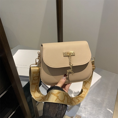 Dames PU Leren Crossbody Tas Met Gouden Herthanger Retro Flap Schoudertas Met Brede Jacquard Geweven Band Trendy