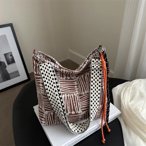 Abstract Geometric Print Canvas Hobo Bag Wide Checkered Strap Tassel Casual Commuter Women Shoulder Bag