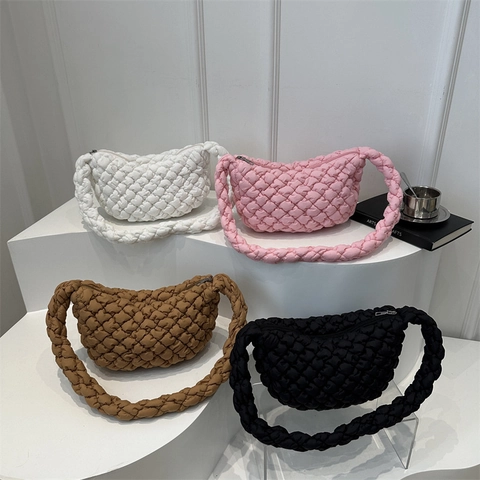 Borsa A Spalla Trapuntata Da Donna Texture Bolla Nylon Grande Capacità Borsa A Tracolla Nuvola Cinghia Intrecciata Casual Minimalista