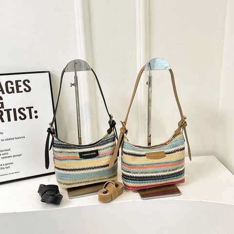 Colorful Striped Woven Underarm Shoulder Bag Fashion Bohemian Straw Contrast Color Crossbody Purse Zipper For Women