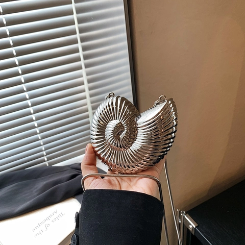 Mode Muschelförmige Umhängetasche Mit Metallic Finish Für Damen Gold Silber Nautilus Abendclutch Umhängetasche Mit Kette