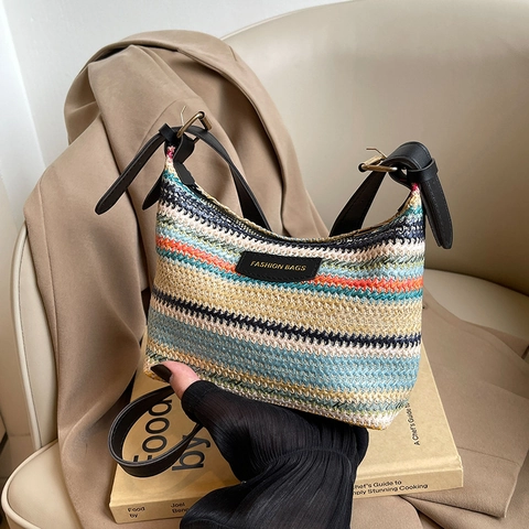 Colorful Striped Woven Underarm Shoulder Bag Fashion Bohemian Straw Contrast Color Crossbody Purse Zipper For Women
