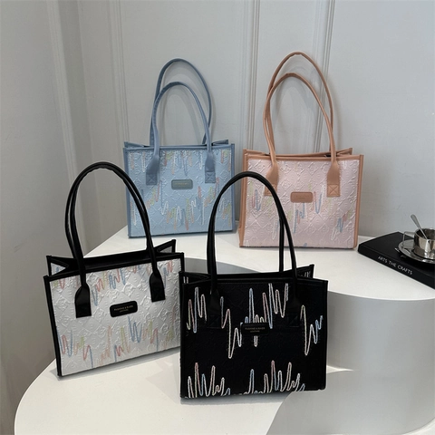 Bolso Tote De Gran Capacidad Para Mujer Bordado Ondulado Colorido Tela Gofrada Asa De Cuero Contrastada Bolso De Hombro