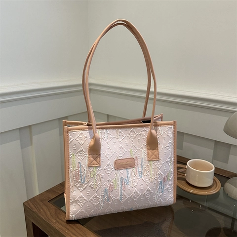 Bolso Tote De Gran Capacidad Para Mujer Bordado Ondulado Colorido Tela Gofrada Asa De Cuero Contrastada Bolso De Hombro