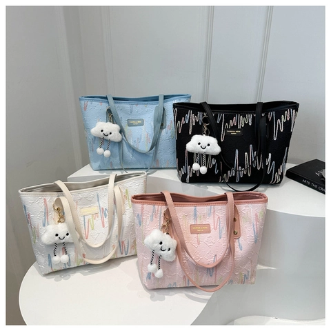 Borsa Tote da Donna a Grande Capacità Ricamo a Onde Multicolore Borsa a Tracolla in Pelle PU Borsa a Mano Casual Con Ciondolo Nuvola