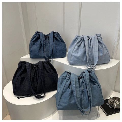 Women Denim Tote Bag Large Capacity Multi Pockets Drawstring Closure Casual Vintage Shoulder Bag