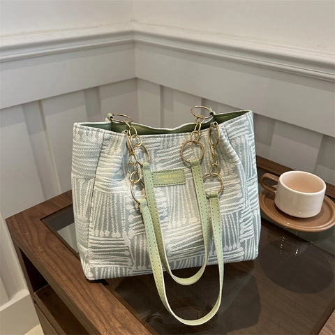 Bolso Tote De Mujer En Tela Jacquard Con Asas De Cuero Y Cadena De Metal Rayado Geométrico De Gran Capacidad