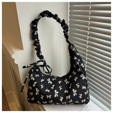 Bolso de Hombro para Mujer Vintage Dulce con Estampado de Lazo y Correa con Volantes Bolso Hobo de Lona Estilo Retro Moda