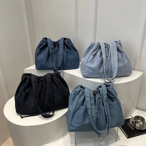 Damen Casual Denim Kordelzug Tragetasche Große Kapazität Multi Tasche Umhängetasche Plissee Beuteltasche Street Style Handtasche