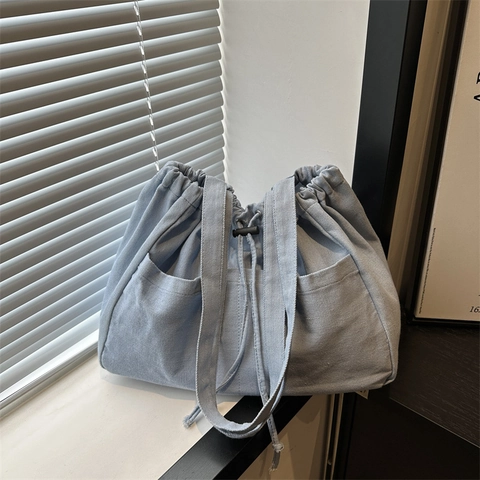 Borsa A Secchiello Con Coulisse In Denim Di Grande Capacità Con Tasche Multiple Borsa A Tracolla Casual Per Donna Viaggi