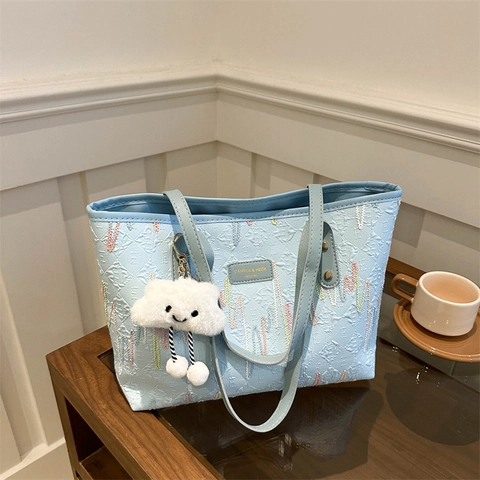 Borsa Tote da Donna Grande Capacità Tessuto Strutturato Ricamo a Onde Colorate Borsa a Spalla Con Pendente a Nuvola Quotidiano