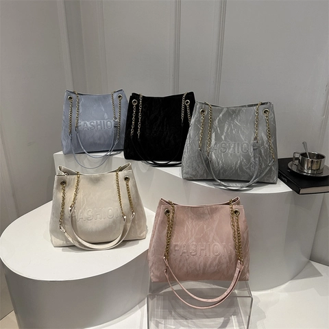Fashion Embossed Letter Wrinkled Leather Shoulder Bag With Gold Chain Strap Large Capacity Urban Commute Tote For Women