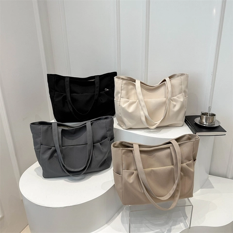 Large Capacity Canvas Tote Bag For Women With Pleated Front Pocket Solid Color Shoulder Bag For College Students Casual Handbag
