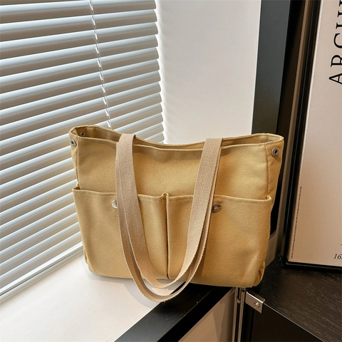 Damen Minimalistische Segeltuch Tragetasche Große Kapazität Nähte Schultertasche Einfache Pendler Handtasche Einfarbige Tasche