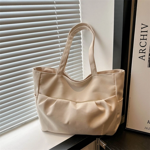 Large Capacity Canvas Tote Bag For Women With Pleated Front Pocket Solid Color Shoulder Bag For College Students Casual Handbag