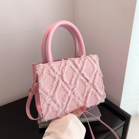 Bolso Cuadrado Pequeño para Mujer Cuero PU y Denim Minimalista Acolchado con Flecos Bolso de Hombro Cruzado Bolso de Diario