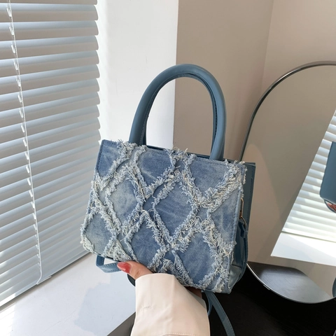 Chic Bolso Cuadrado Pequeño Acolchado Deshilachado Cuero PU Patrón de Rombos Bolso de Hombro Cruzado para Viaje Diario Street Style