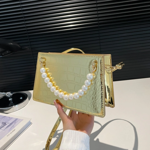 Women Elegant Shoulder Crossbody Bag PU Leather Crocodile Embossed Metallic Gloss Faux Artificial Pearl Handle Trendy Square