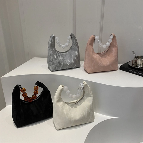 Borsa Hobo A Mezzaluna Con Manico In Perle Grandi Pelle PU Pieghettata Borsa A Spalla Vintage Francese Tendenza Donne