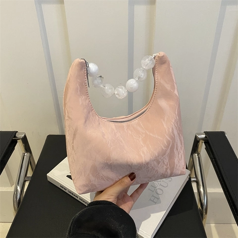 Borsa Hobo A Mezzaluna Con Manico In Perle Grandi Pelle PU Pieghettata Borsa A Spalla Vintage Francese Tendenza Donne