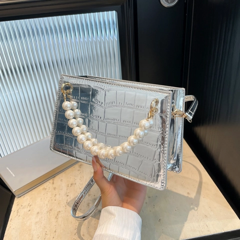 Sac Carré Petit pour Femme avec Poignée en Künstliche Perle Motif Crocodile Cuir PU Métallique Sac à Main Bandoulière Mode