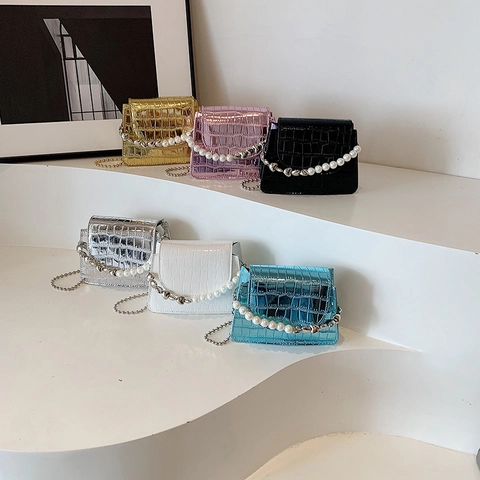 Mini Schoudertas Met Klep Krokodillenpatroon Kunstparelgreep Hartketting PU Leer Glanzend Metallic Crossbody Handtas Voor Dames