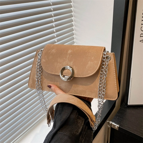 Women Shoulder Bag Frosted PU Leather Chic Square Crossbody Purse With Silver Metal Ring And Chain Strap Underarm Handbag