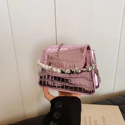 Mini Schoudertas Met Klep Krokodillenpatroon Kunstparelgreep Hartketting PU Leer Glanzend Metallic Crossbody Handtas Voor Dames