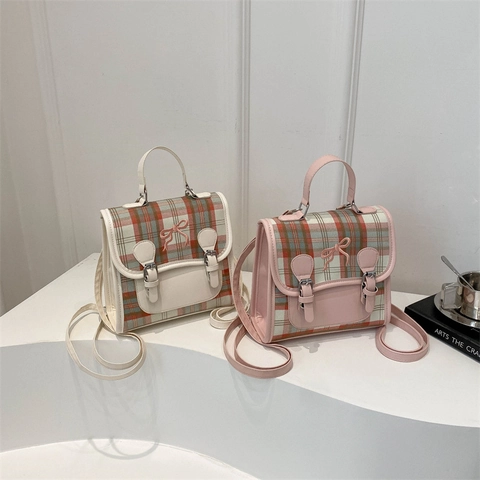 Zainetto Mini Moda Pelle PU Plaid Piccola Borsa A Mano Preppy Dolce Fiocco Borsa Da Viaggio Donne Ragazze