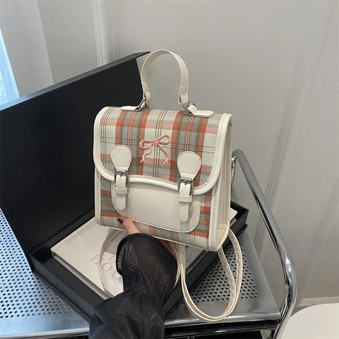 Zainetto Mini Moda Pelle PU Plaid Piccola Borsa A Mano Preppy Dolce Fiocco Borsa Da Viaggio Donne Ragazze
