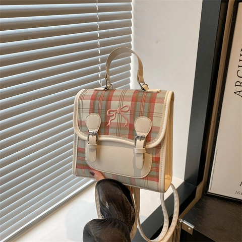 Zaino A Quadri Preppy Da Donna Pelle PU Tessuto Ricamo Fiocco Stile JK Dolce Borsa A Mano Spallacci Regolabili Retrò Scuola