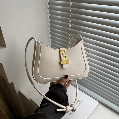 Borsa Hobo Da Sottobraccio Vintage Pelle PU Fibbia Dorata Geometrica Tracolla Con Nodo Stile Pendolare Minimalista Donna