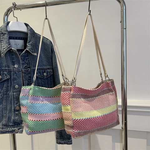 Colorful Rainbow Stripe Woven Tote Bag For Women Large Capacity Casual Shoulder Underarm Handbag With Leather Straps