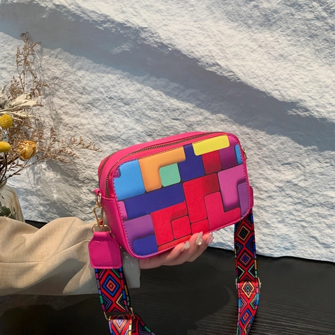 Borsa A Tracolla Da Donna Pelle PU Blocco Di Colore Geometrico Borsa Per Fotocamera Tracolla Tessuta Larga Piccola Borsa Quadrata