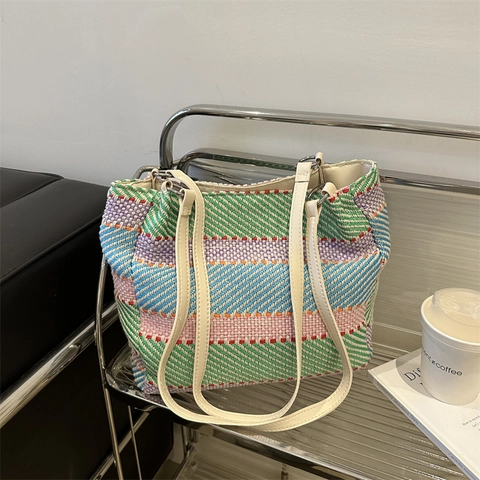 Colorful Rainbow Stripe Woven Tote Bag For Women Large Capacity Casual Shoulder Underarm Handbag With Leather Straps