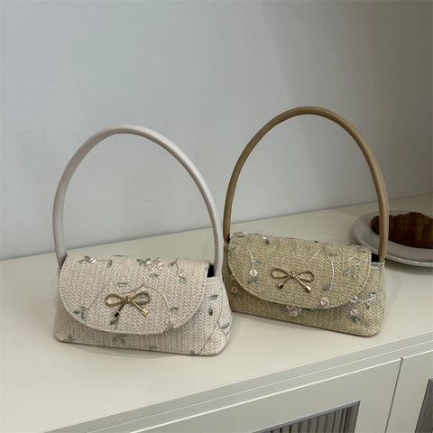 Borsa Sottobraccio in Paglia Intrecciata Vintage Francese per Donna Ricamo Floreale Fibbia Metallica con Fiocco Stile Pastorale