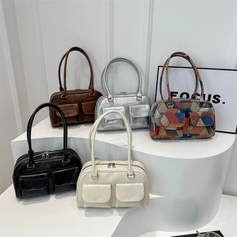 Women Underarm Bag PU Leather Patchwork Multi Pocket Shoulder Bag Retro Fashion Commuter Handbag Large Capacity Tote