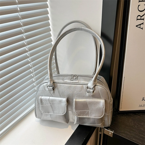 Women Underarm Bag PU Leather Patchwork Multi Pocket Shoulder Bag Retro Fashion Commuter Handbag Large Capacity Tote