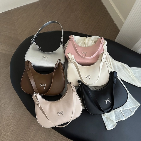 Borsa A Spalla Da Donna Pelle PU Fiocco Borsa Hobo Ascellare Forma A Mezzaluna Pendolare Moda Colore Solido Minimalista
