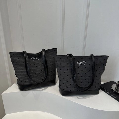 Borsa Tote Donna Stampa Pois Cuore Fiocco Tessuto Pelle Patchwork Grande Capacità Borsa Spalla Decoro Fiocco Argento Pendolare