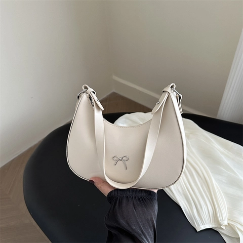 Borsa A Spalla Da Donna Pelle PU Fiocco Borsa Hobo Ascellare Forma A Mezzaluna Pendolare Moda Colore Solido Minimalista