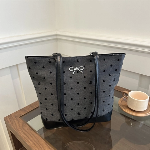 Borsa Tote Donna Stampa Pois Cuore Fiocco Tessuto Pelle Patchwork Grande Capacità Borsa Spalla Decoro Fiocco Argento Pendolare