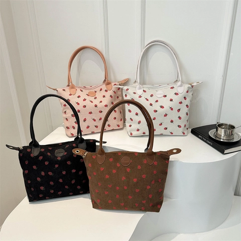 Sac Fourre-tout En Velours Côtelé Imprimé Fraises Grande Capacité Femme Vintage Littéraire Sac À Épaule Sac Sous L'Aisselle