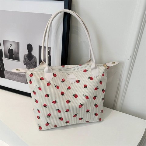 Sac Fourre-tout En Velours Côtelé Imprimé Fraises Grande Capacité Femme Vintage Littéraire Sac À Épaule Sac Sous L'Aisselle