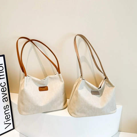 Large Capacity Tote Bag Textured Fabric Contrast Color PU Leather Straps Casual Shoulder Bag For Women Daily Commuting